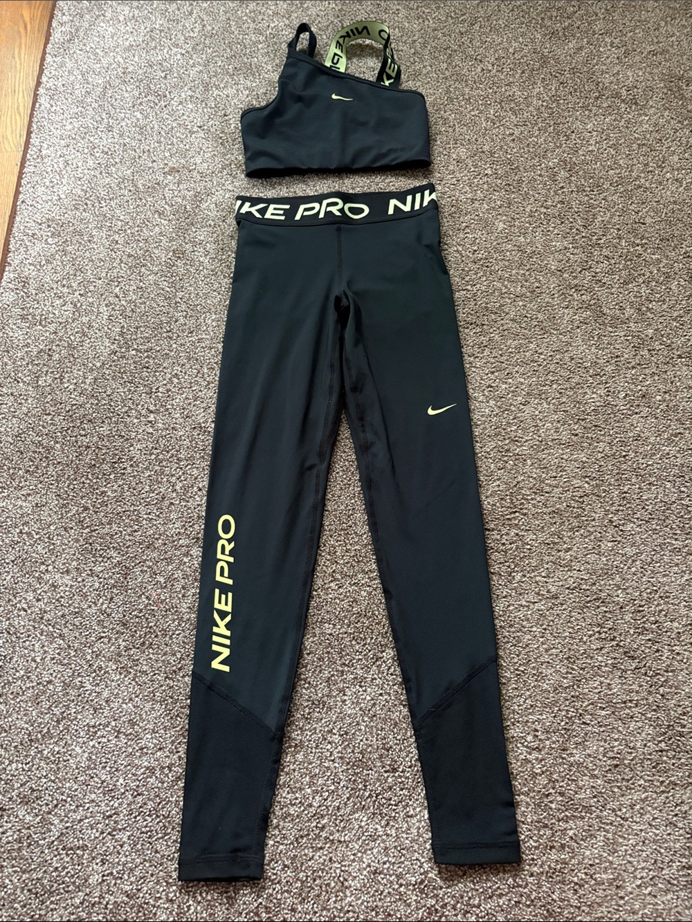 Nike Pro black and neon green athletic top and leggings set